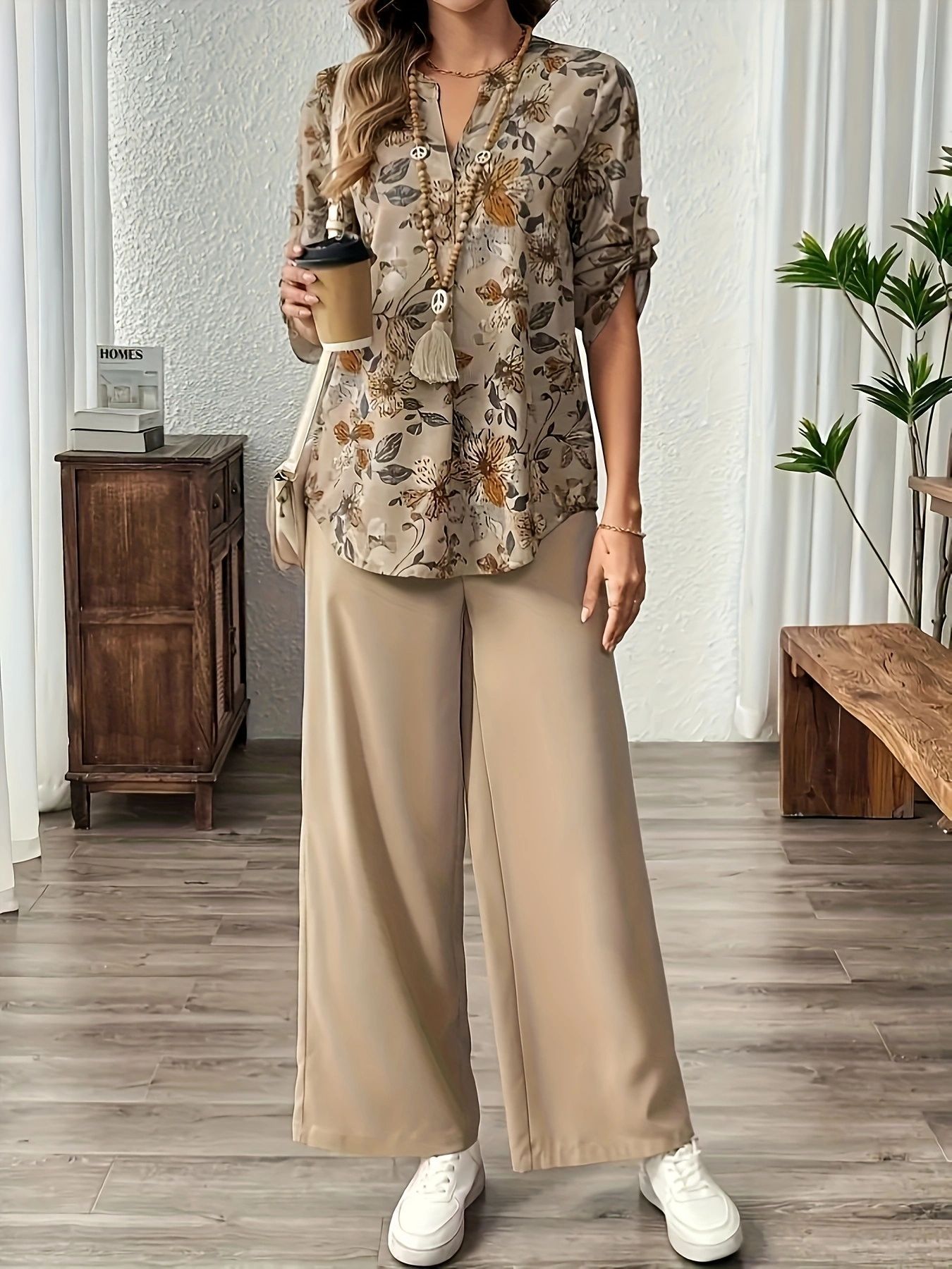 Khaki Printed Wide Leg Relaxed Casual Suit