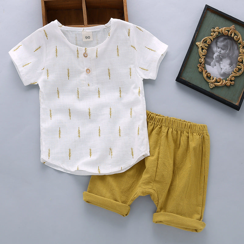 Boys' Casual Printed Cotton Linen Short Sleeved Pants Set