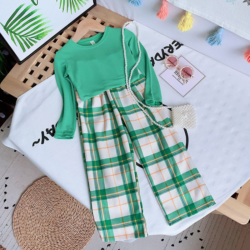 Fashion Girls Top Plaid Wide Leg Pants Set