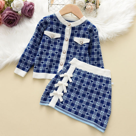 Girls' Classic Style Plaid Knitted Cardigan Bow Hip Skirt Two-piece Suit