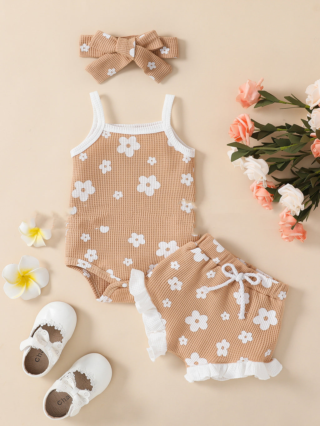 Baby Girl Waffle Print Onsie  3pc Set