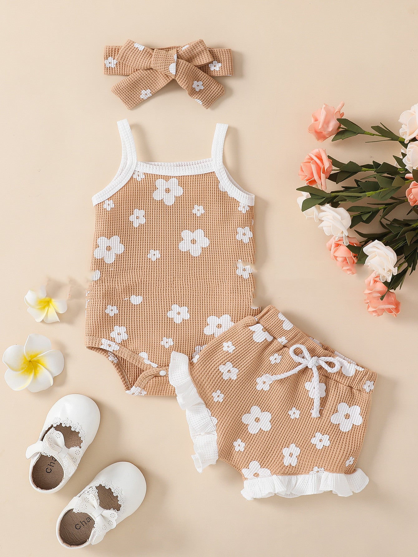 Baby Girl Waffle Print Onsie  3pc Set