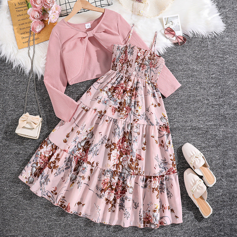 Girls' Floral Strap Dress Long-sleeved Jacket