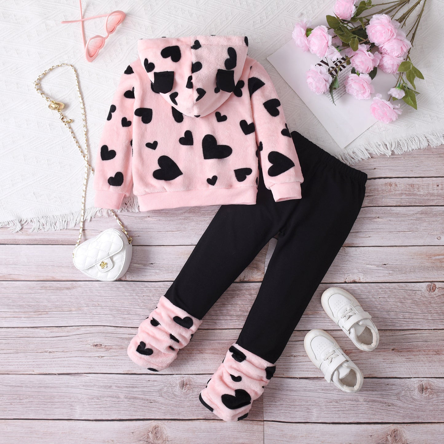 Love Heart Hooded Fleece Casual Long Sleeve Pants Suit 4-piece Set