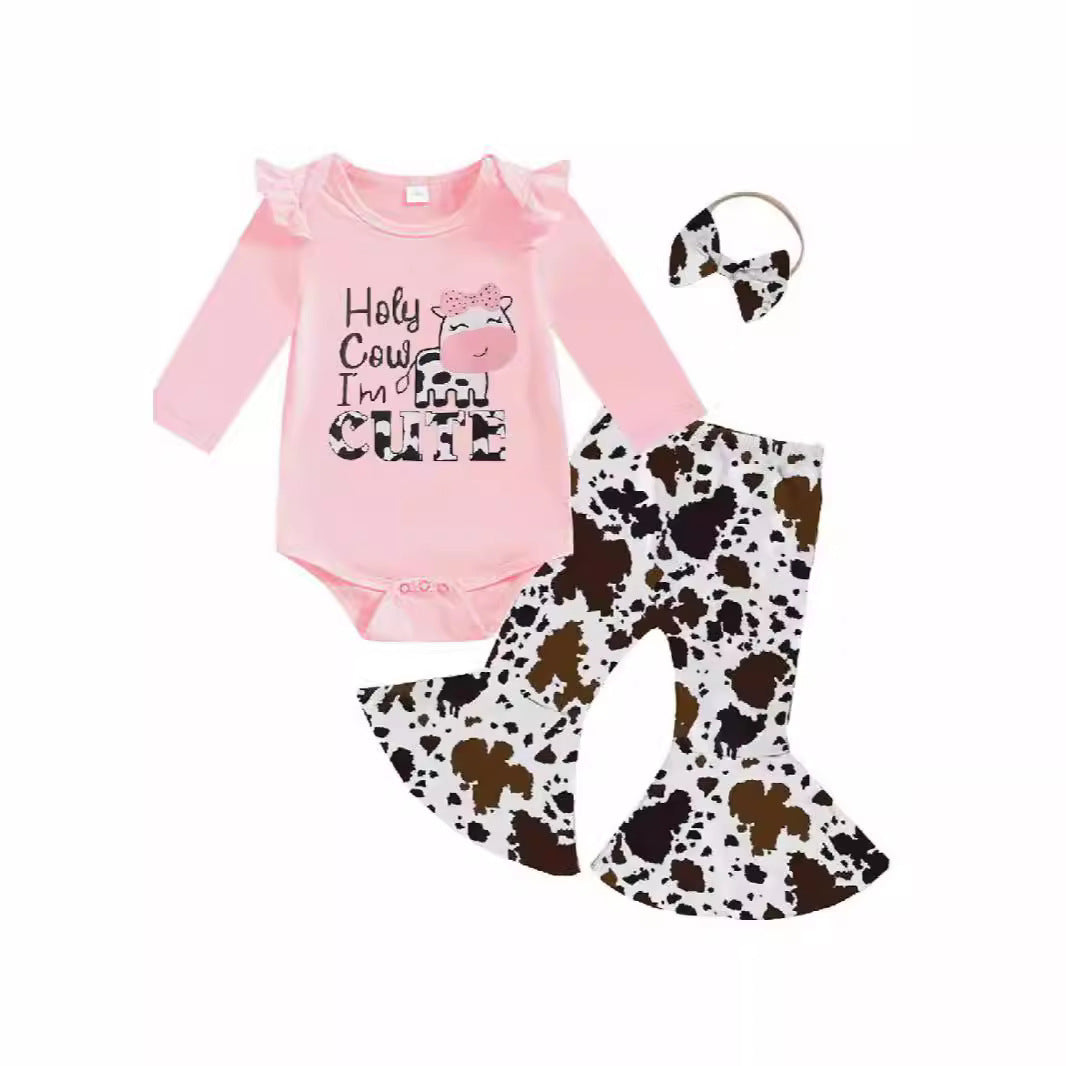 Baby Girl Cartoon Animal Flower Bell-bottom Pants Long Sleeve Headdress Three-piece Set