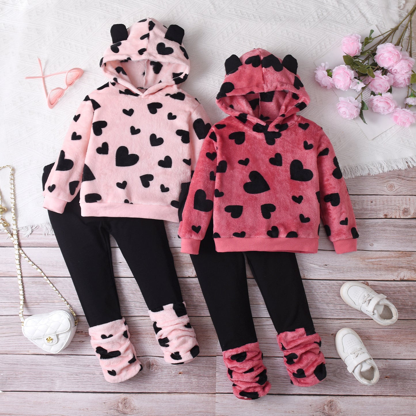 Love Heart Hooded Fleece Casual Long Sleeve Pants Suit 4-piece Set