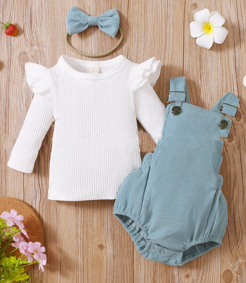 White Long Sleeve Top, Overall Onesie, Headband 3pc Set