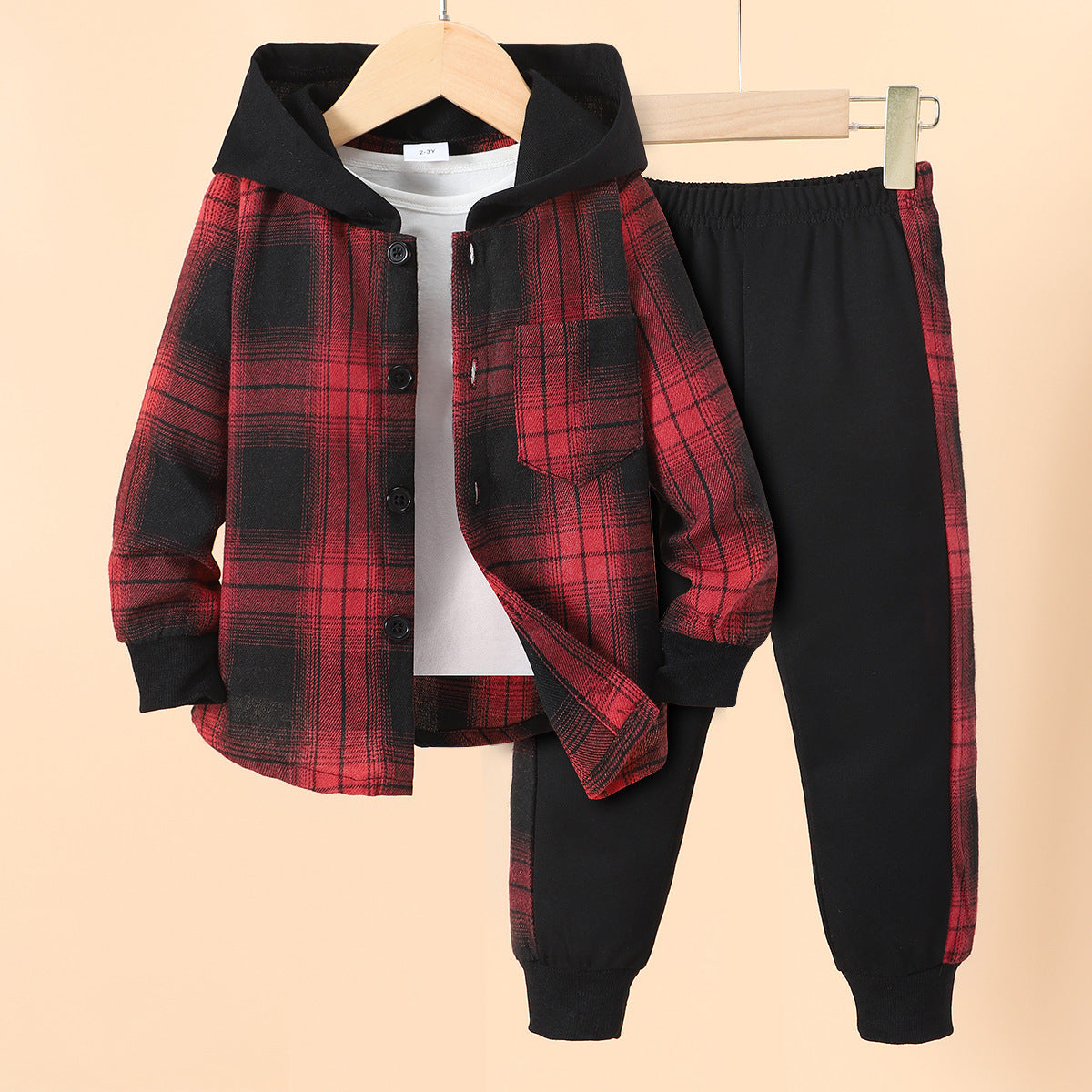 Boys' Long Sleeve Plaid Contrast Color Hoodie Two-piece Set