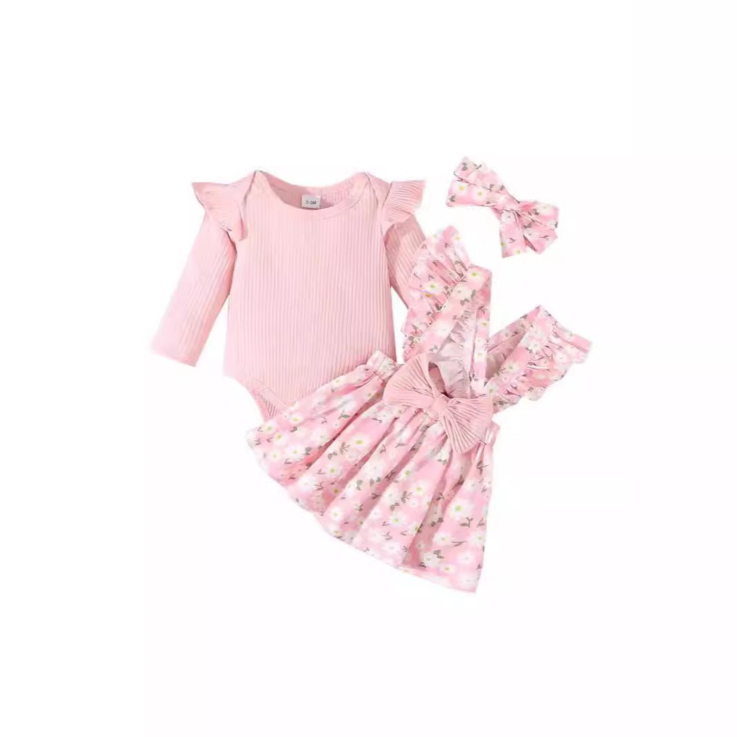 Baby Girl's Simple 3pc Onsie Bow Floral Suspender Skirt