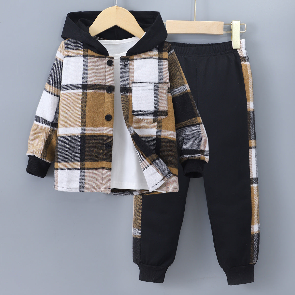 Boys' Long Sleeve Plaid Contrast Color Hoodie Two-piece Set