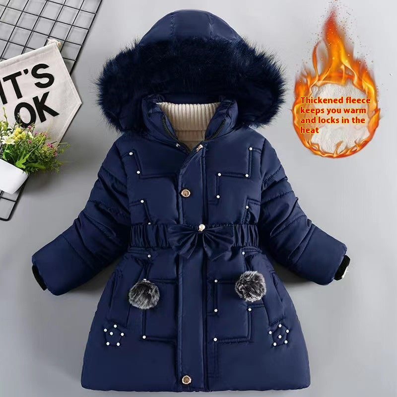 Girls' Winter Fleece-lined Coat, Thickened Cotton Jacket