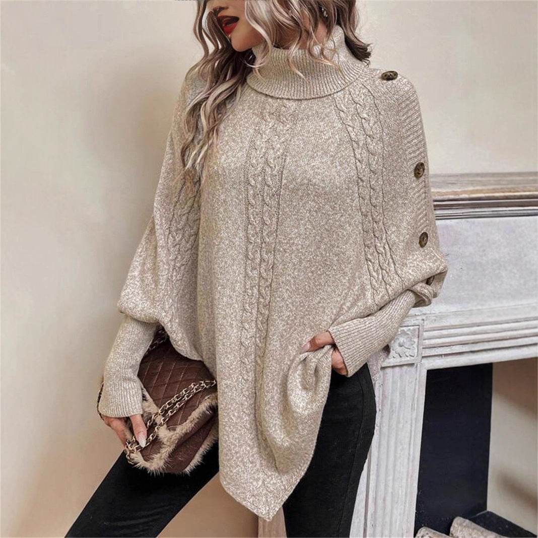 Turtleneck Buttons Decorative Long Sleeve Poncho