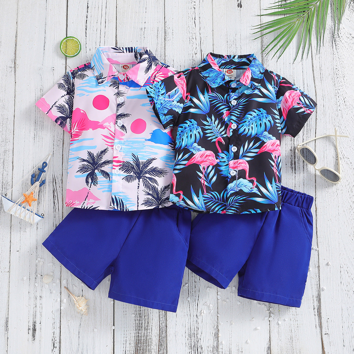 New Boys' Tropical Short-sleeved Printed Shirt And Shorts Two-piece Set