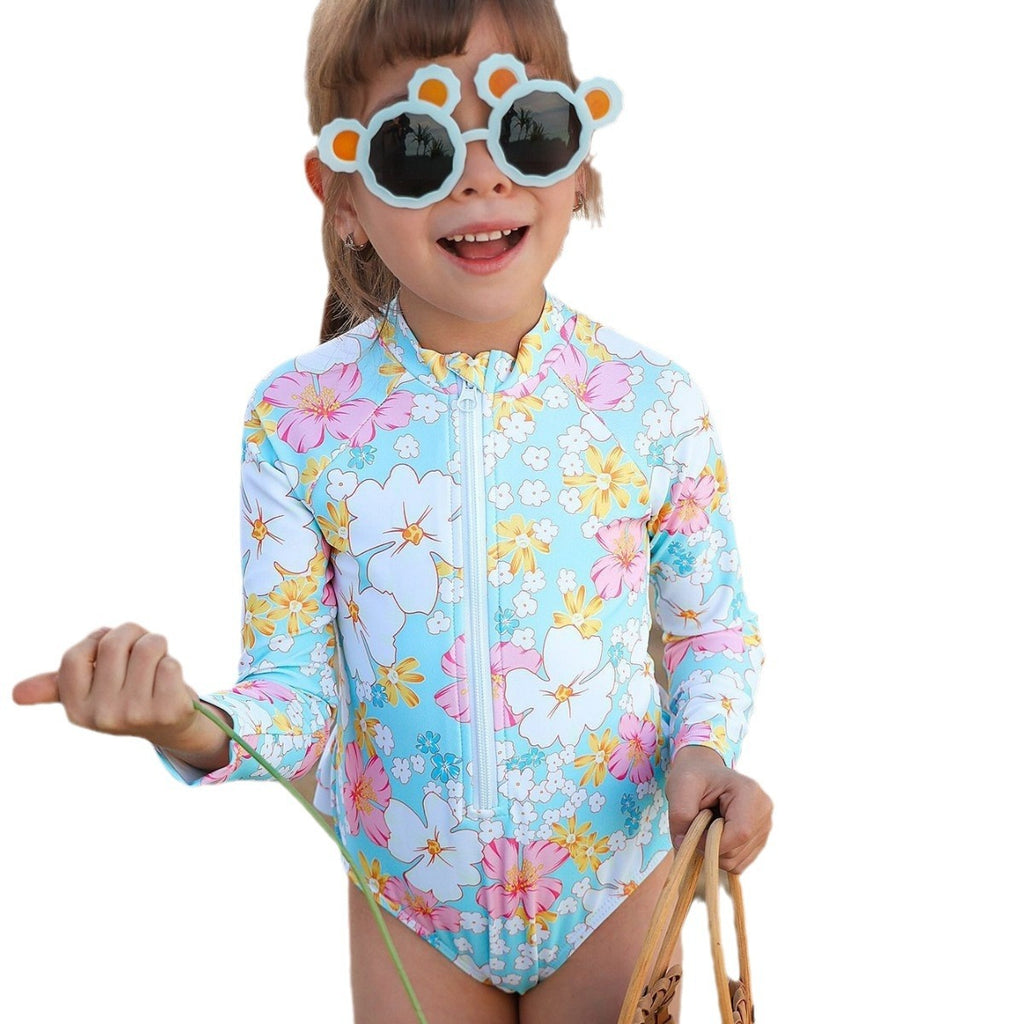 Girls' Summer Breathable One-piece Long Sleeves Printed Cute Swimsuit