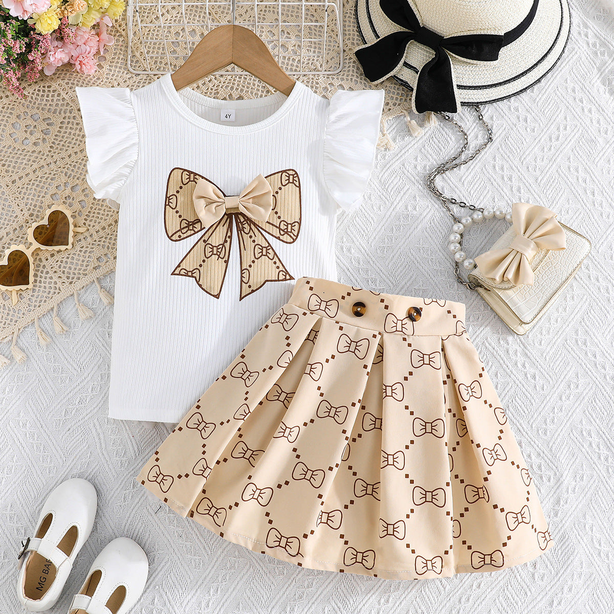 Girls Butterfly-Print Pleated Skirt Set