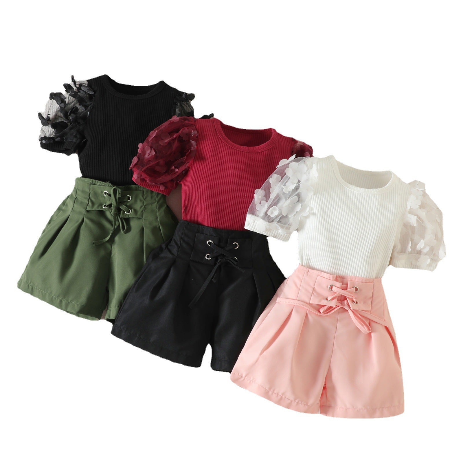 Girls' Summer Mesh Petals Short Sleeve Top & Shorts Set