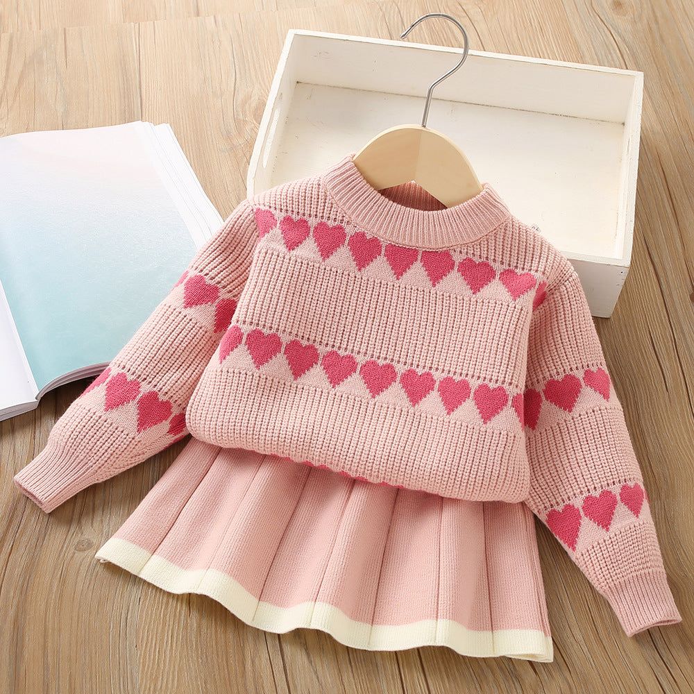 Girls' Fashion Personality Heart Knitted 2pc Skirt Set