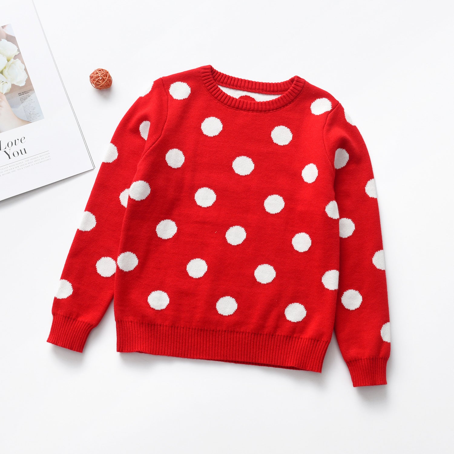 Heart Round Neck Long Sleeve Girl's Sweater