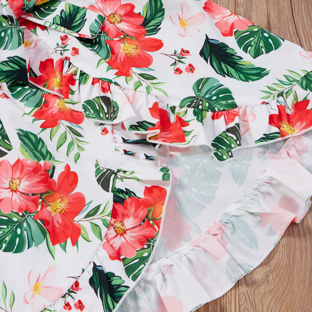 Spring & Summer Little Girls' Sweet Rose Red Suspender Top & Floral Long Skirt