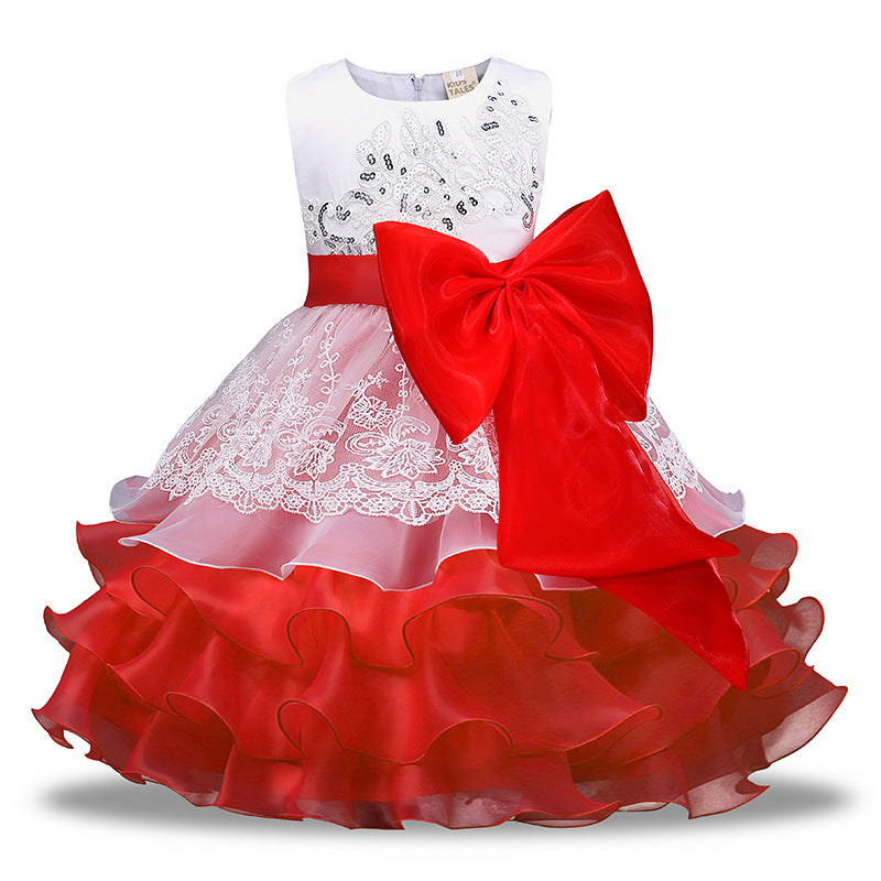 Girls' Sequined Dress With Large Bow & Ruffled Skirt