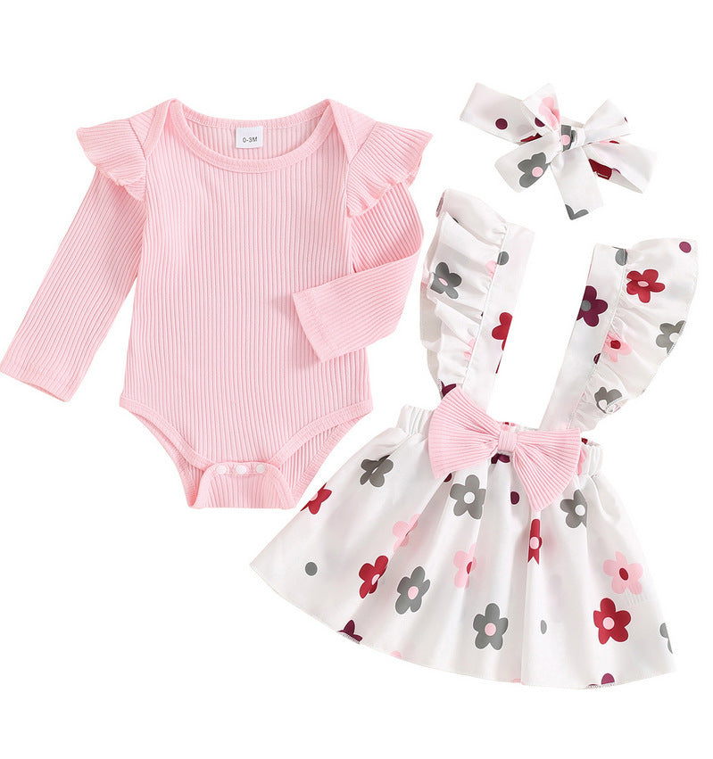 Baby Girl's Simple 3pc Onsie Bow Floral Suspender Skirt