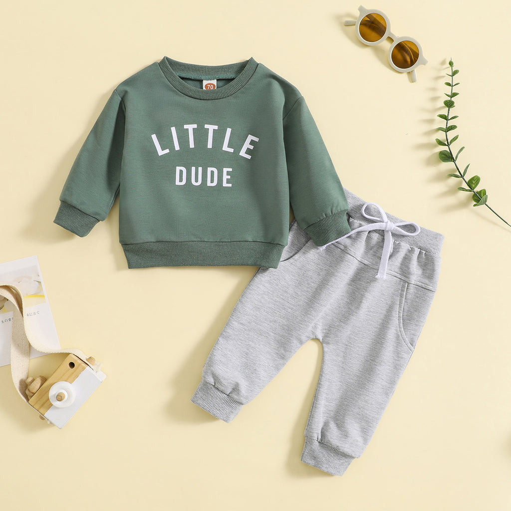 Printed "Little Dude" Top Solid Color Pants 2pc Set
