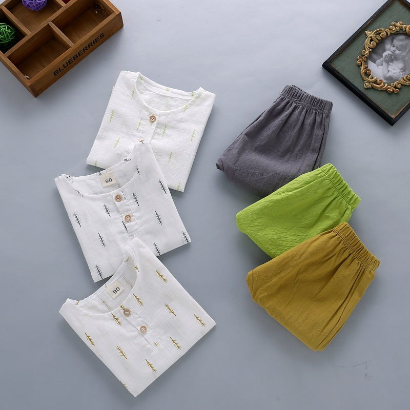 Boys' Casual Printed Cotton Linen Short Sleeved Pants Set