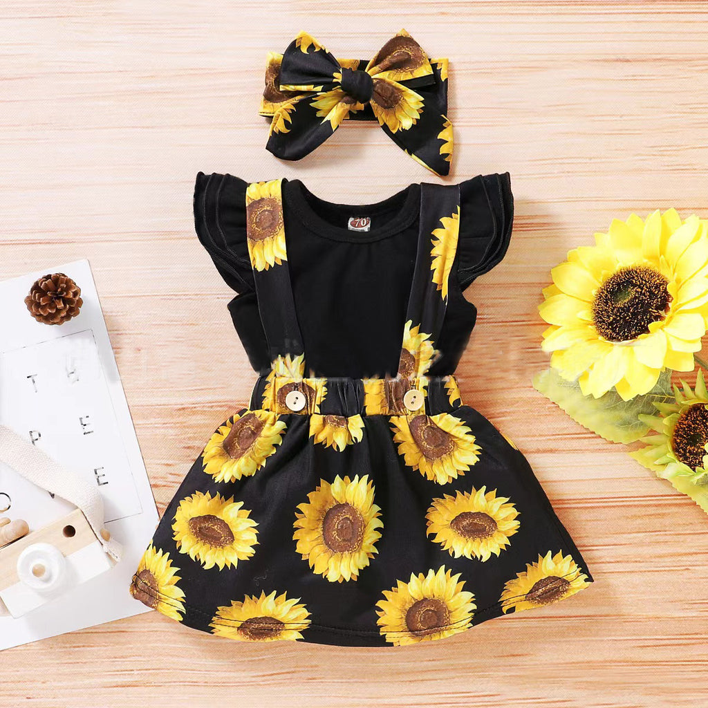Baby Girls' Sunflower Printing Suit Romper Three-piece Set