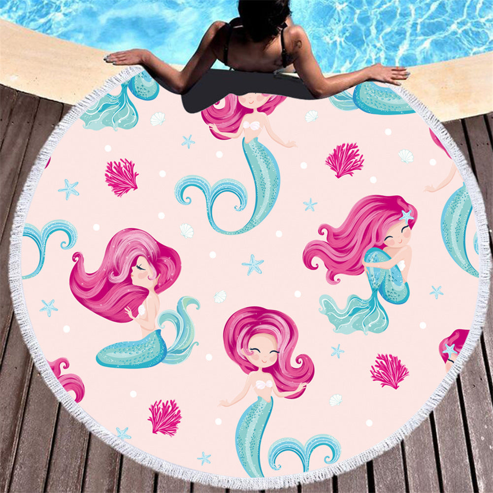 Cartoon Pink Mermaid Microfiber Round Beach Towel