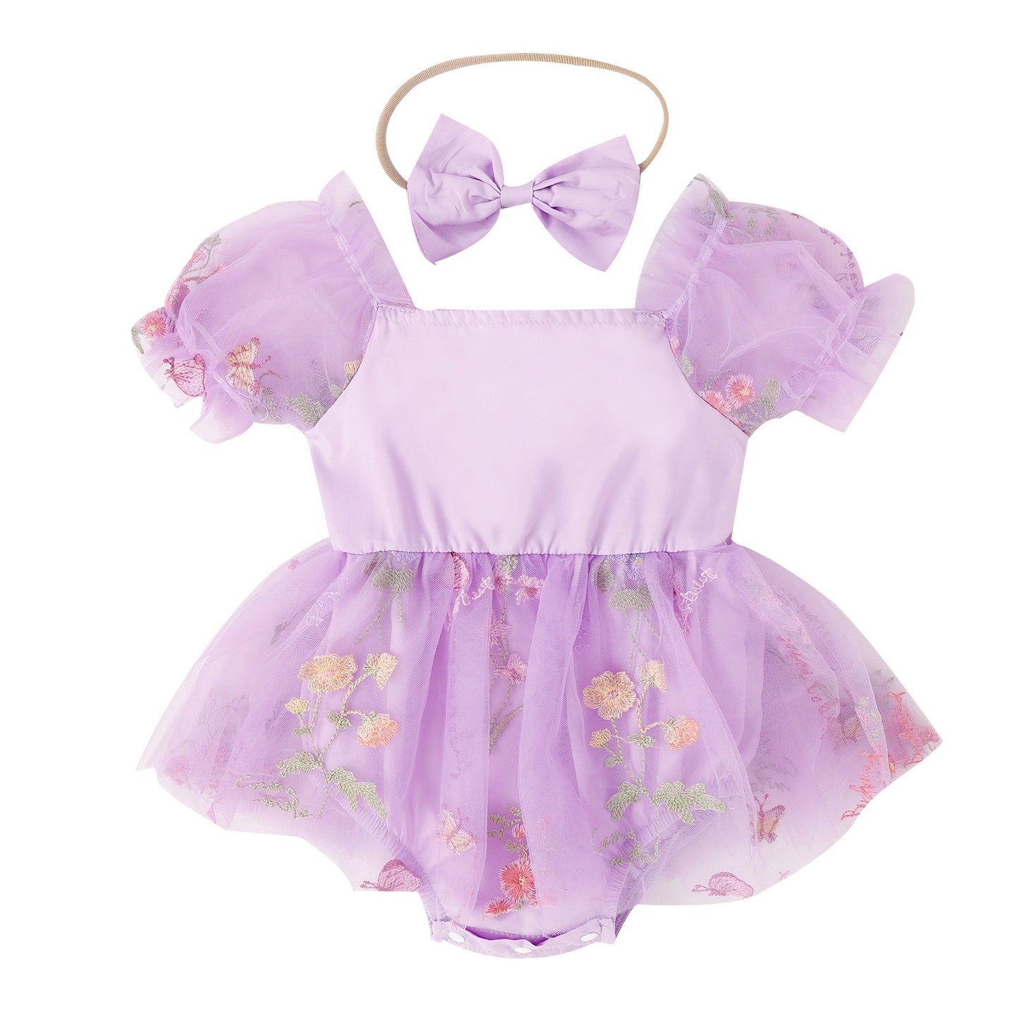 Multi-color Embroidered Skirt Lace Mesh Onesie With Headband