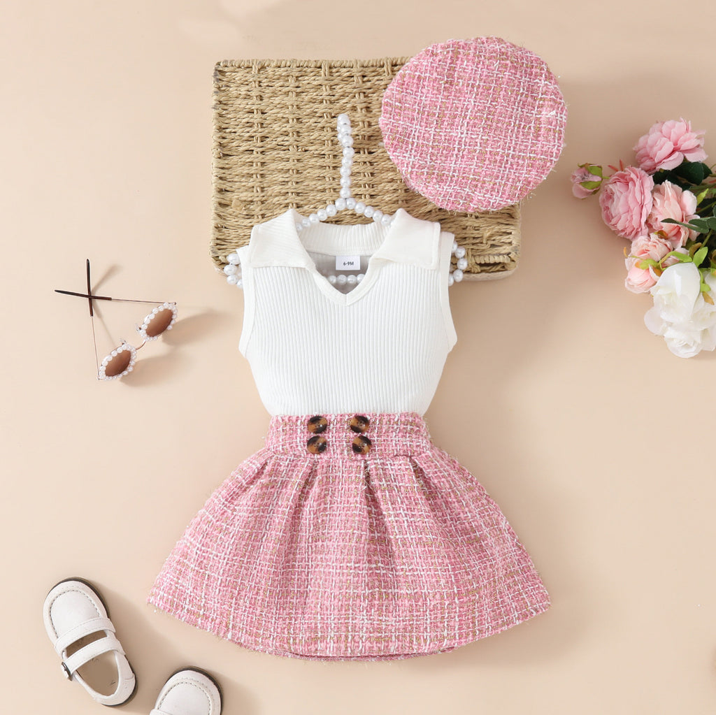 Girls' Fashion Beret Top Tartan Skirt 3pc Suit
