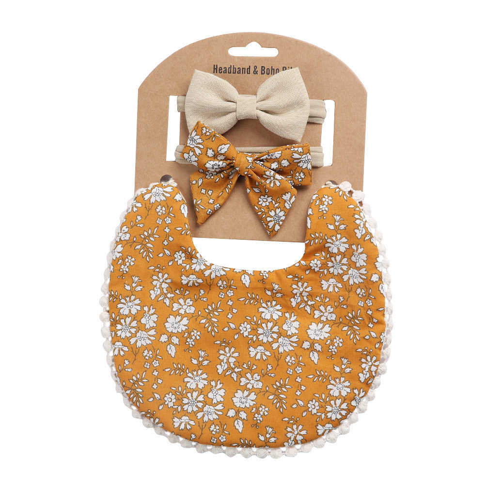 Newborn Baby Cute Floral Cotton Saliva Bib With Headband Set