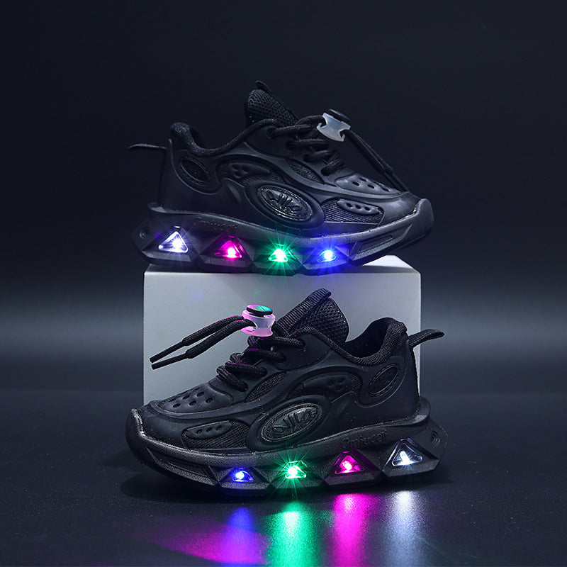Black sneakers with colorful LED lights on a dark background