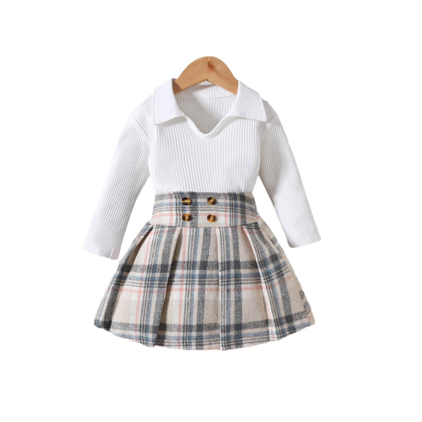 Children's Striped Long Sleeve With College Style Plaid Pleated Short Skirt 2pc Suit