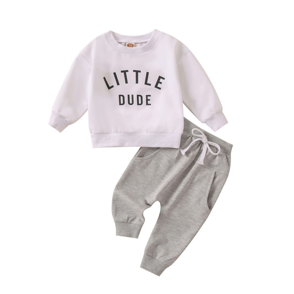 Printed "Little Dude" Top Solid Color Pants 2pc Set