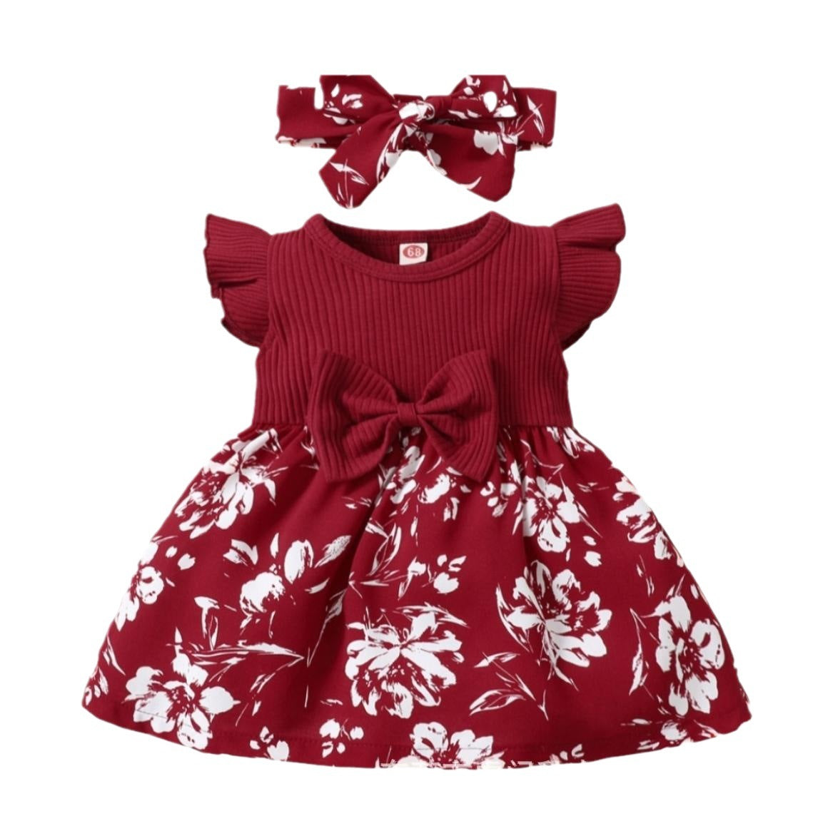 Girls' Cute Floral Flying Sleeve Dress Hair Band Two-piece Set