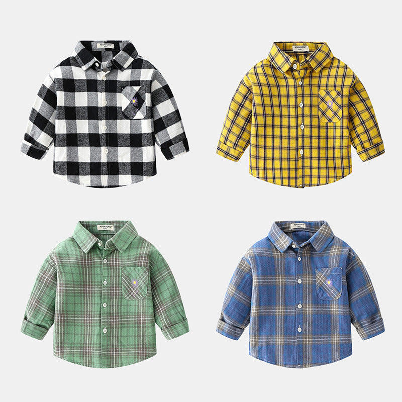 Boys' Plaid Car Lapel Long Sleeve Shirt