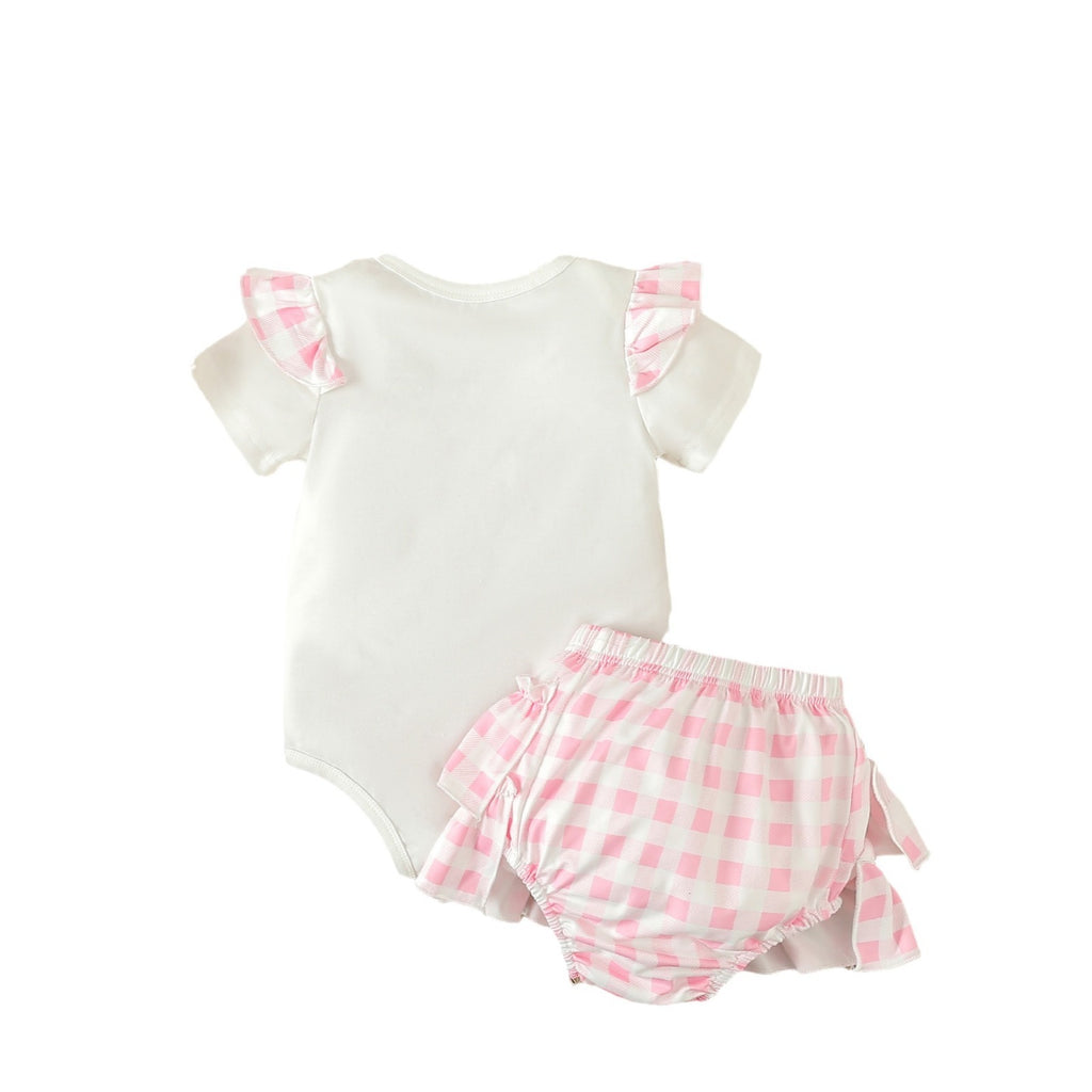 Girls Summer Letter T-shirt Plaid Short Skirt 3pc Set
