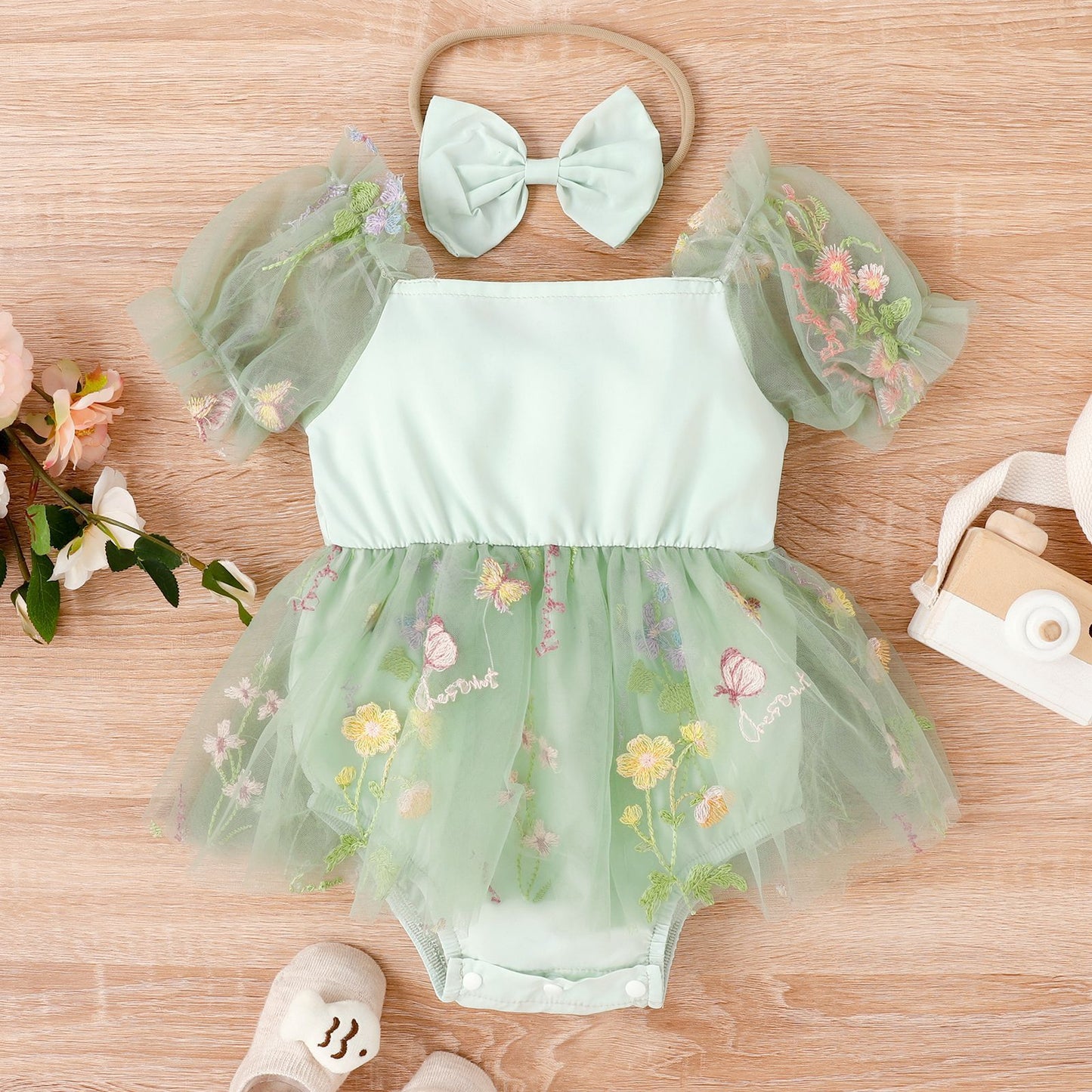 Multi-color Embroidered Skirt Lace Mesh Onesie With Headband