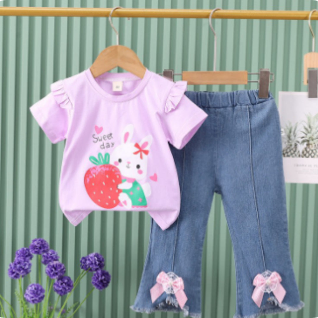 Girl's Short-Sleeve Denim Jeans Set