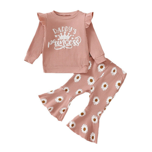 Baby Girl Long Sleeve Sunken Stripe Top Flower Print Two-piece Set