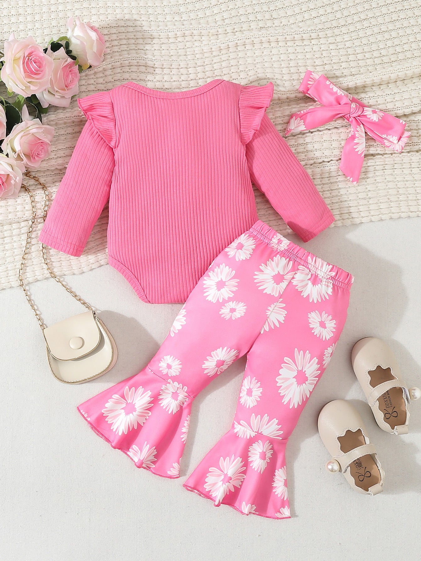 Baby Girl Cartoon Animal Flower Bell-bottom Pants Long Sleeve Headdress Three-piece Set