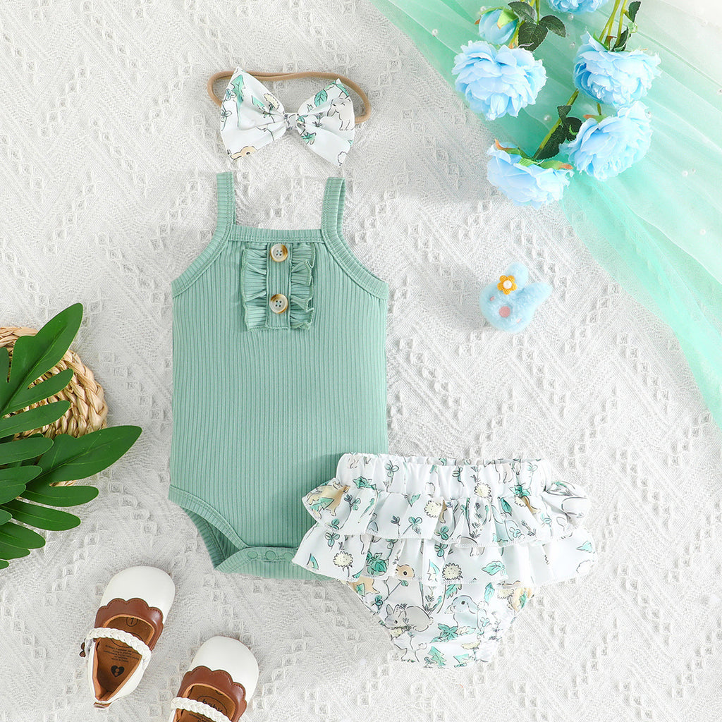 Summer Cute Baby Girl Solid Color Romper Shorts 3pc Set