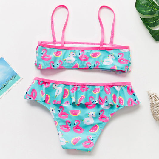 Fashion Flamingo Split Ruffled Girls' Bikini Swimsuit