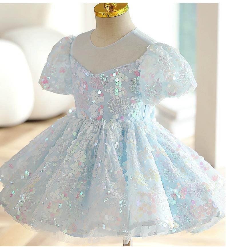 Girls Blue Sequins New Puff Sleeve Umbrella Princess Dress