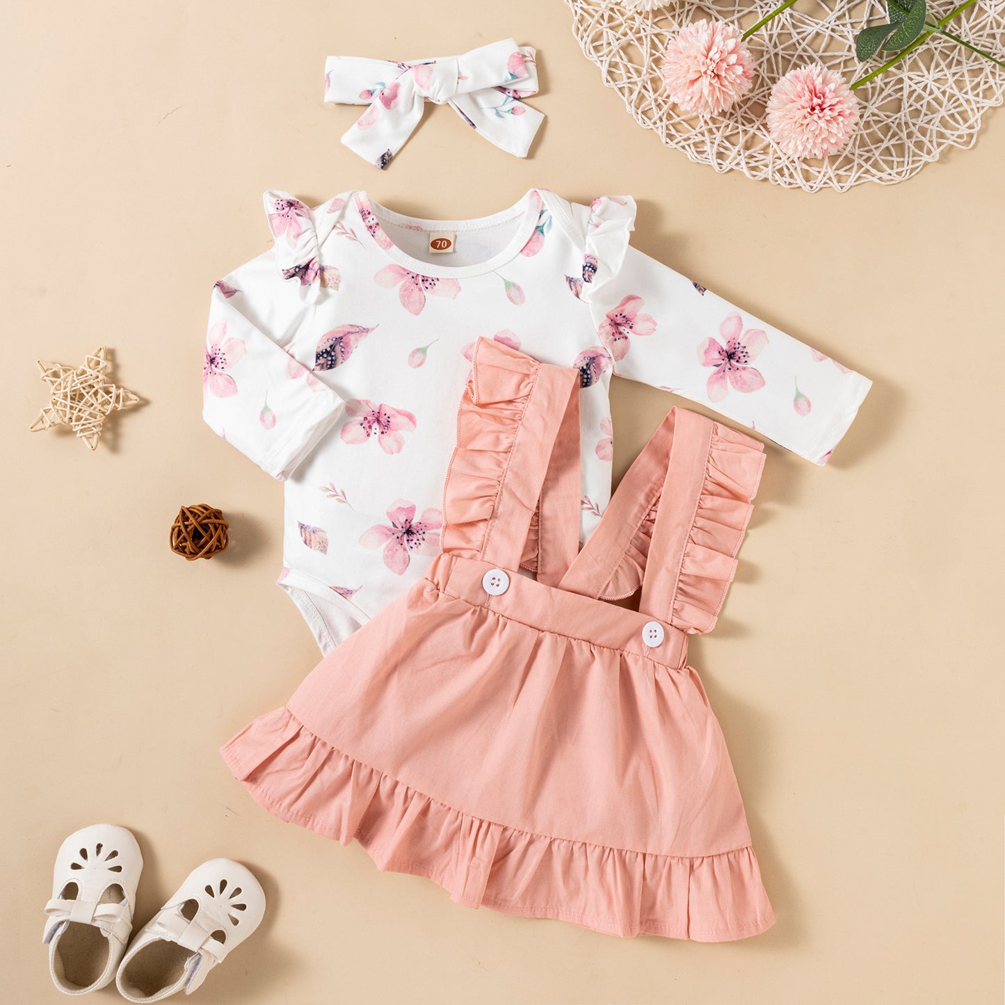 Printed Long-sleeved Baby Girl Ruffled Dress 3pc Set