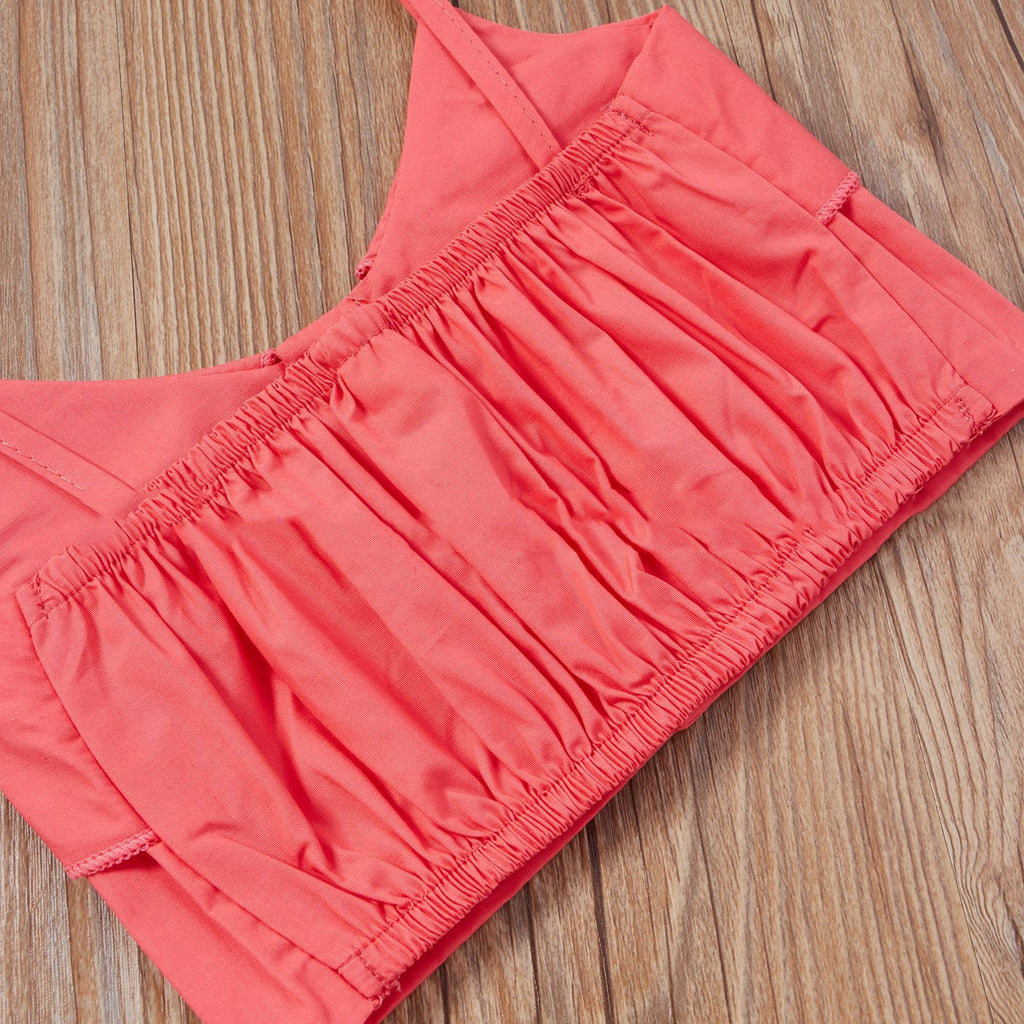 Spring & Summer Little Girls' Sweet Rose Red Suspender Top & Floral Long Skirt