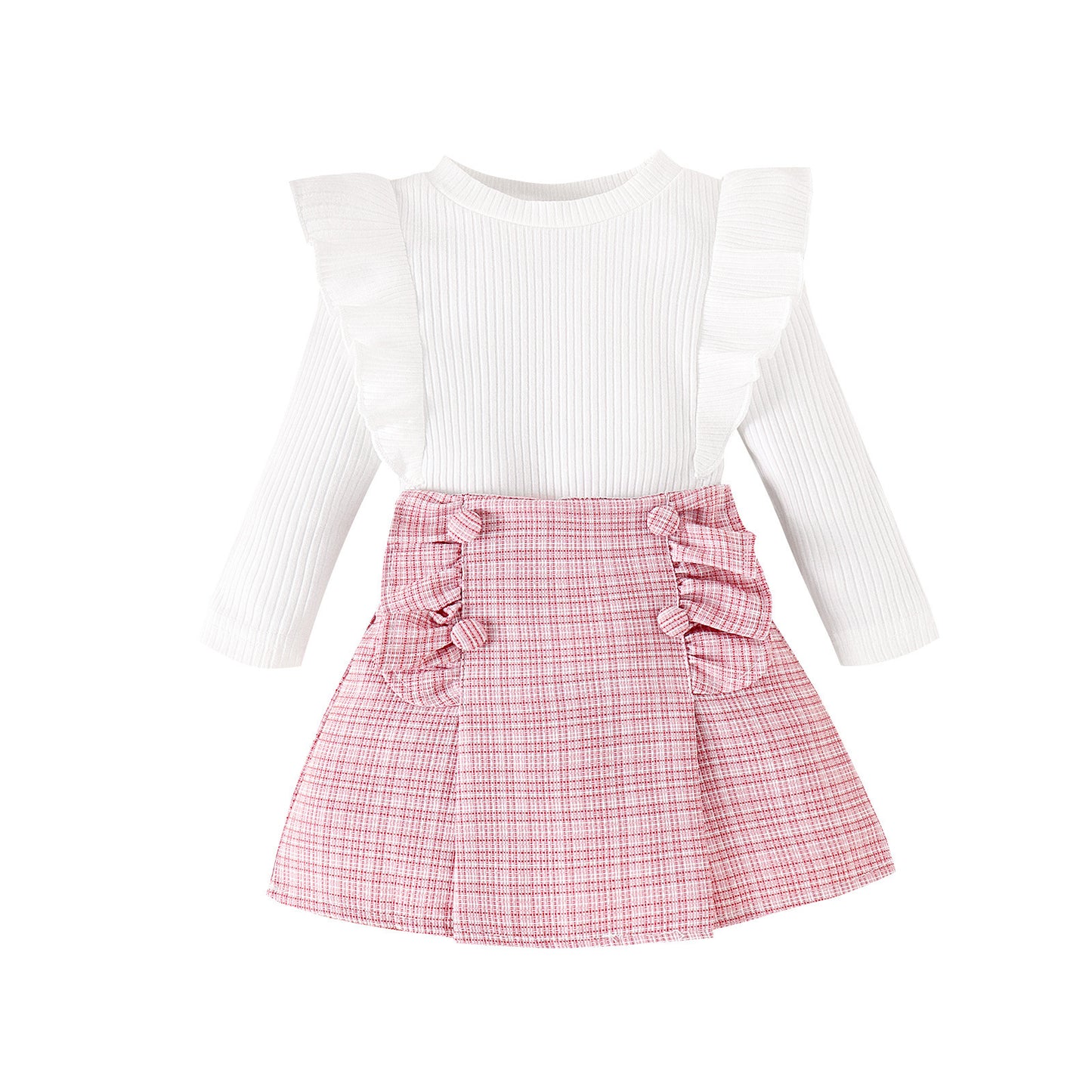 Baby Girls' Ribbed Long Sleeve Classic Style Plaid Short Skirt Two-piece Set