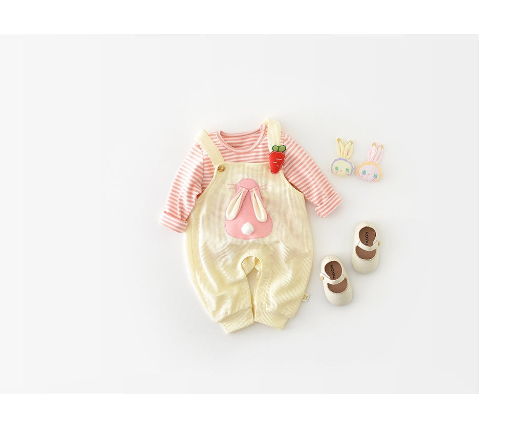 Infant Fashionable Cartoon Bunny Suspender Pants Baby Striped T-shirt Two-piece Set