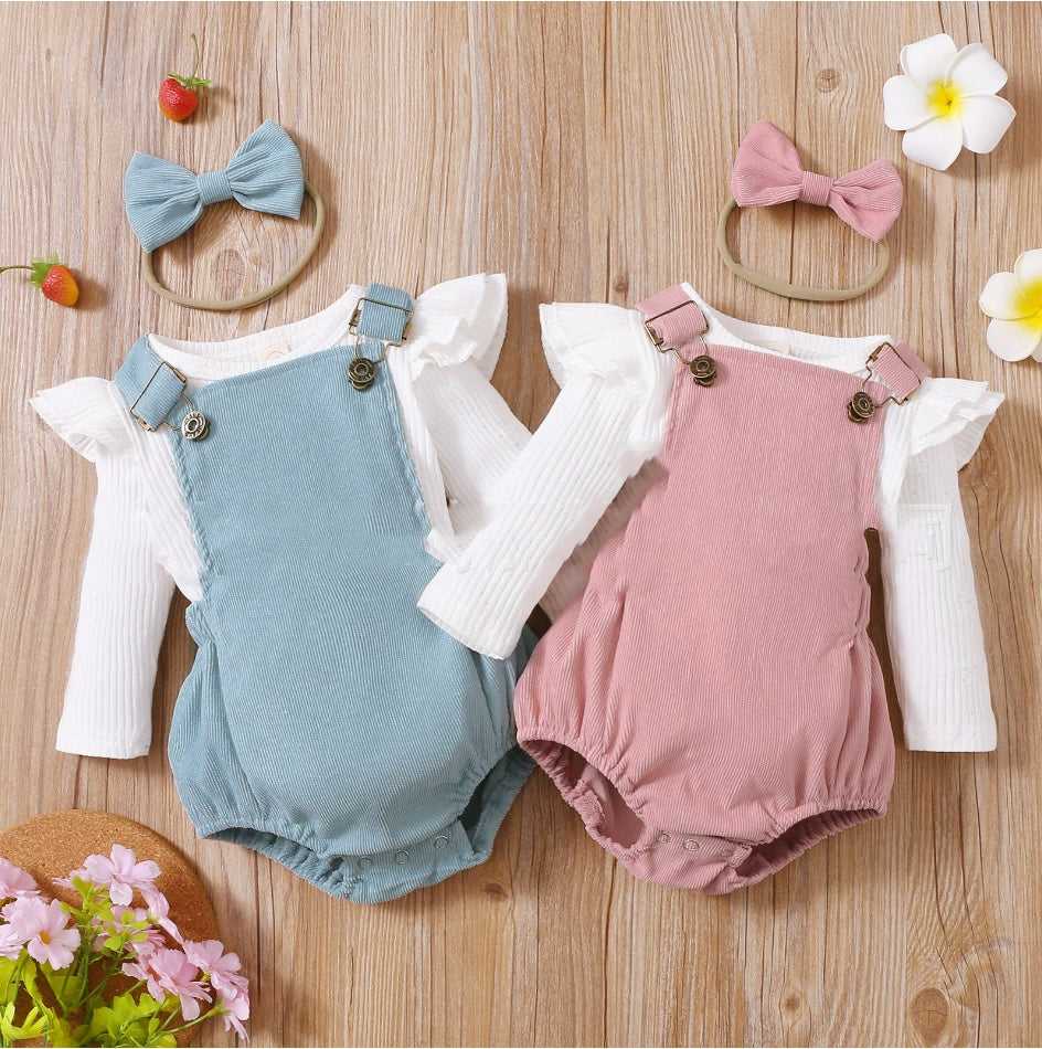White Long Sleeve Top, Overall Onesie, Headband 3pc Set